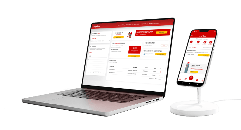 El portal de Tropigas abierto en una computadora portátil y en un teléfono